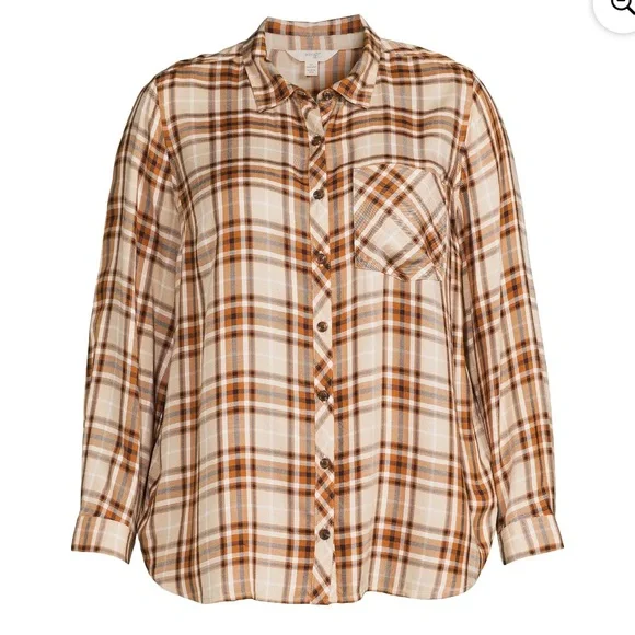 Terra & Sky Brown Plaid Women's Plus Size Button Woven Top 2X - Picture 2 of 10